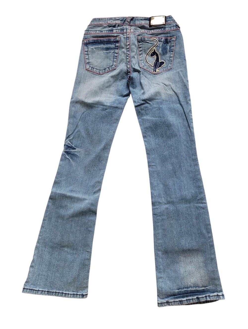 Y2K Baby Phat Light Blue Flare Jeans Pink Topstitching Cat Gold Plaque 2 / XS